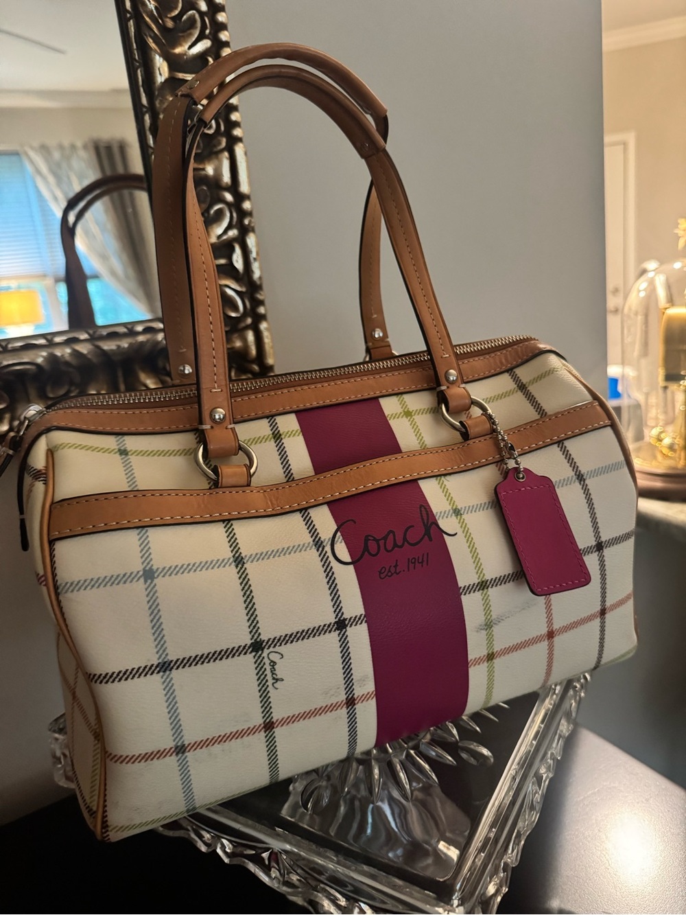 Coach Cream Plaid Satchel with Magenta Center Stripe and Tan Trim